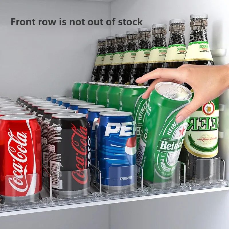 Distributeur de canettes à rouleaux pour réfrigérateur, organisateur de boissons transparent à glissière, support de rangement pour boissons avec poussoir à ressort 4