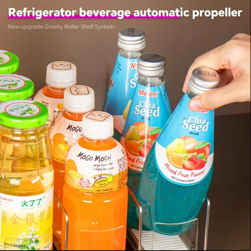Distributeur de canettes à rouleaux pour réfrigérateur, organisateur de boissons transparent à glissière, support de rangement pour boissons avec poussoir à ressort 5