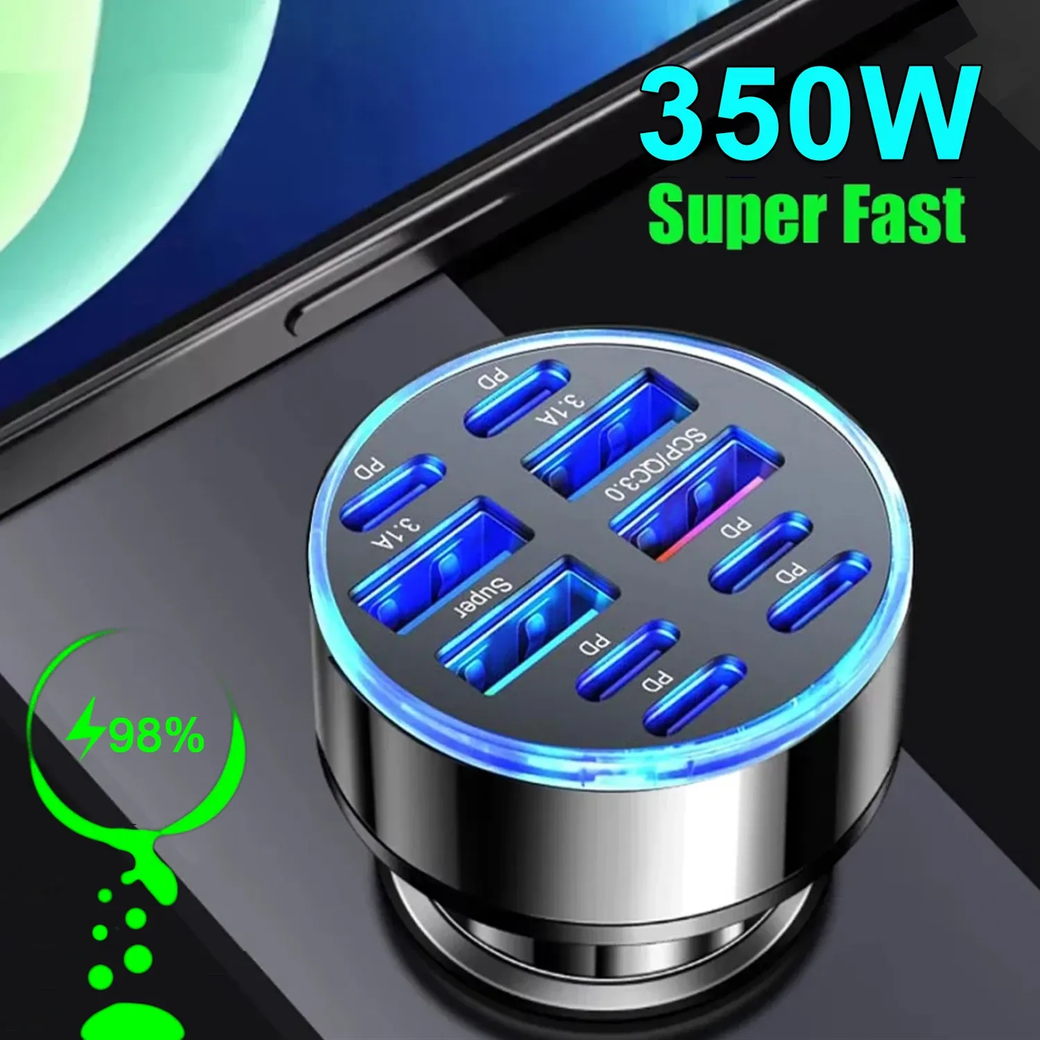 Chargeur de voiture 350 W à 10 ports, charge rapide PD et QC 3.0, USB-C, adaptateur de charge pour iPhone, Samsung, Huawei et Xiaomi