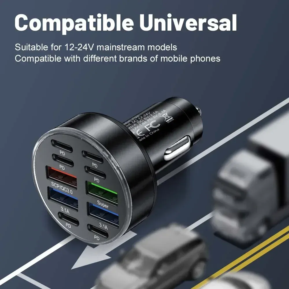 Chargeur de voiture 350 W à 10 ports, charge rapide PD et QC 3.0, USB-C, adaptateur de charge pour iPhone, Samsung, Huawei et Xiaomi 6