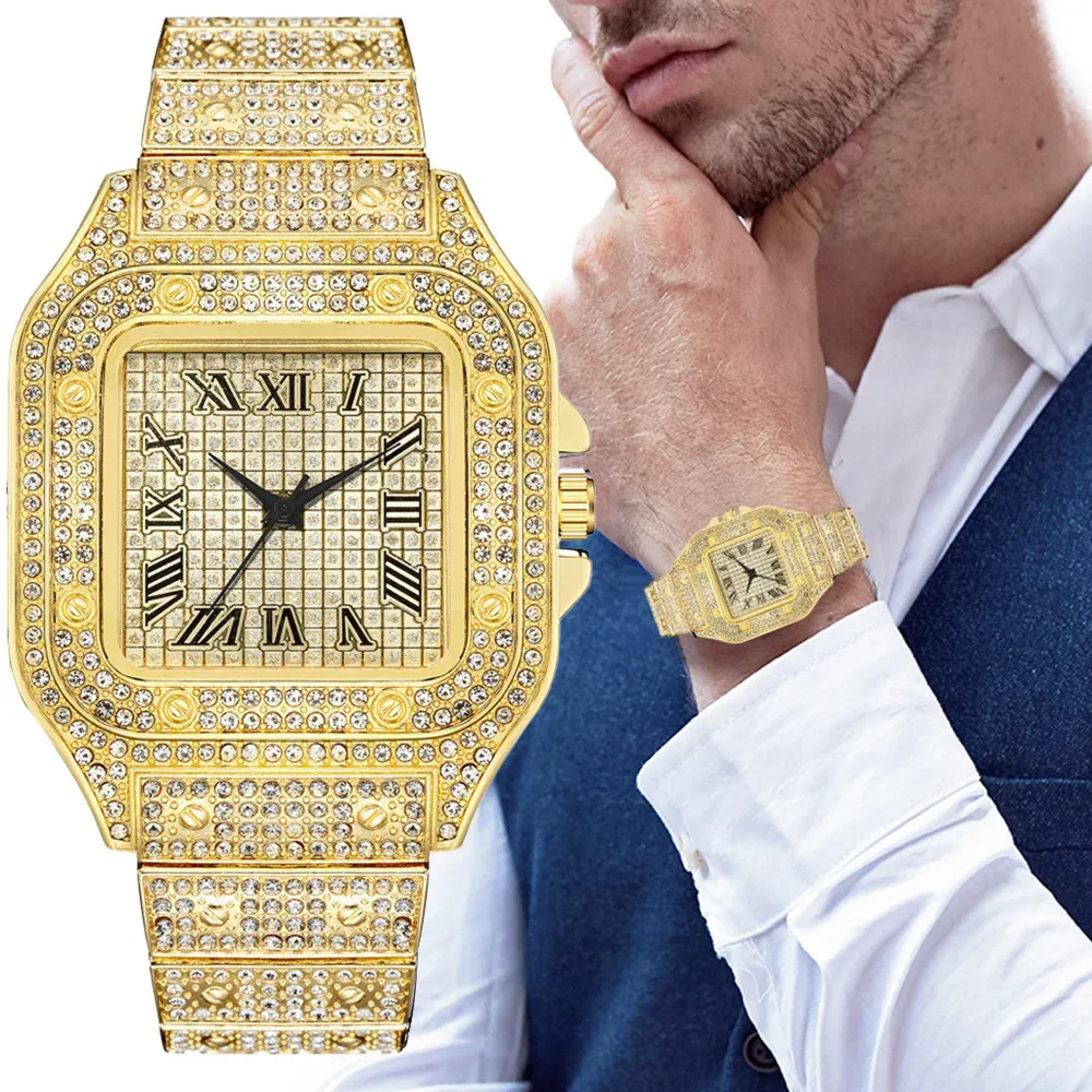 Montre à quartz classique de luxe pour homme, boîtier carré, bracelet en acier, cadran à chiffres romains et strass 2