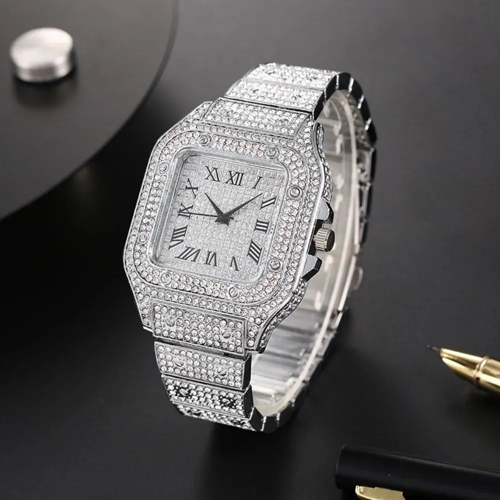Montre à quartz classique de luxe pour homme, boîtier carré, bracelet en acier, cadran à chiffres romains et strass 4