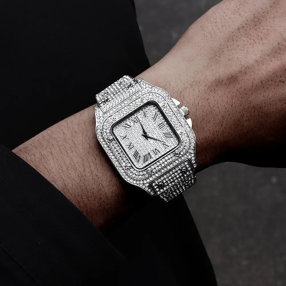 Montre à quartz classique de luxe pour homme, boîtier carré, bracelet en acier, cadran à chiffres romains et strass 5