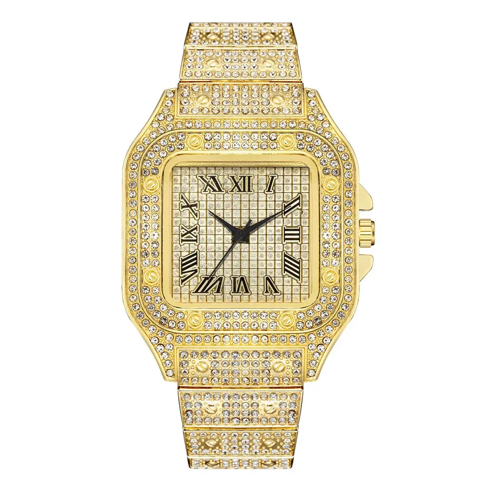 Montre à quartz classique de luxe pour homme, boîtier carré, bracelet en acier, cadran à chiffres romains et strass 9