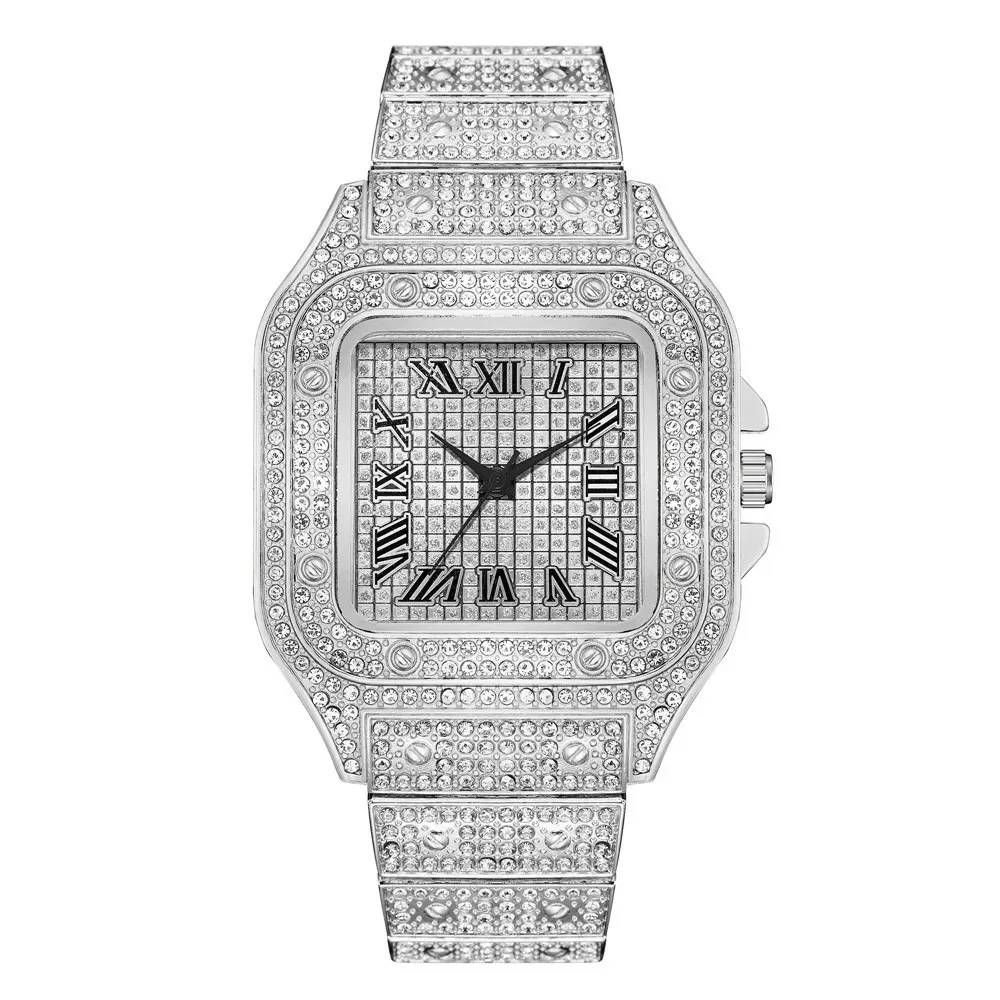 Montre à quartz classique de luxe pour homme, boîtier carré, bracelet en acier, cadran à chiffres romains et strass 8