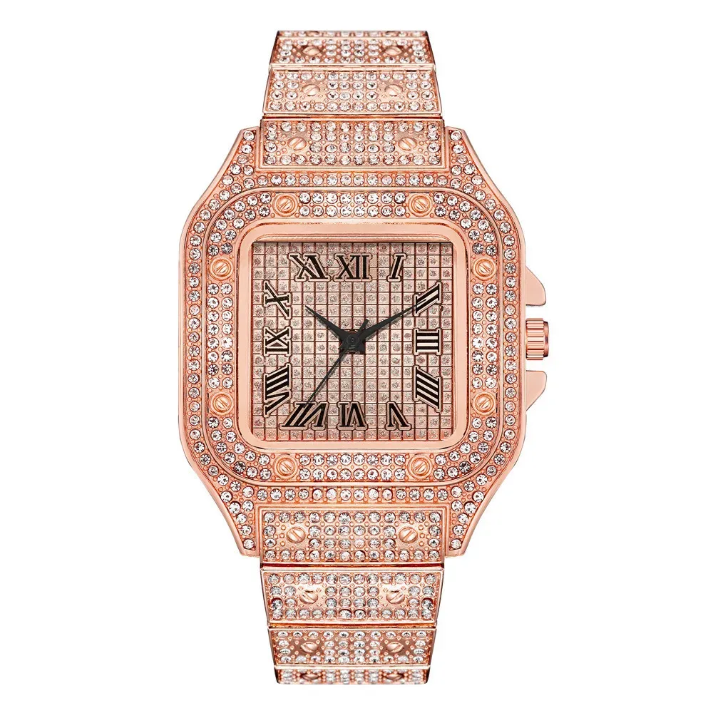 Montre à quartz classique de luxe pour homme, boîtier carré, bracelet en acier, cadran à chiffres romains et strass 7