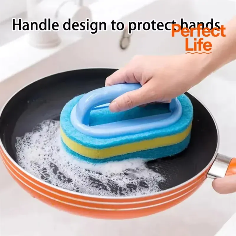 Brosse à récurer de cuisine avec manche pour casseroles, tampon abrasif épais haute densité, brosse de nettoyage pour carrelage et murs en céramique 2