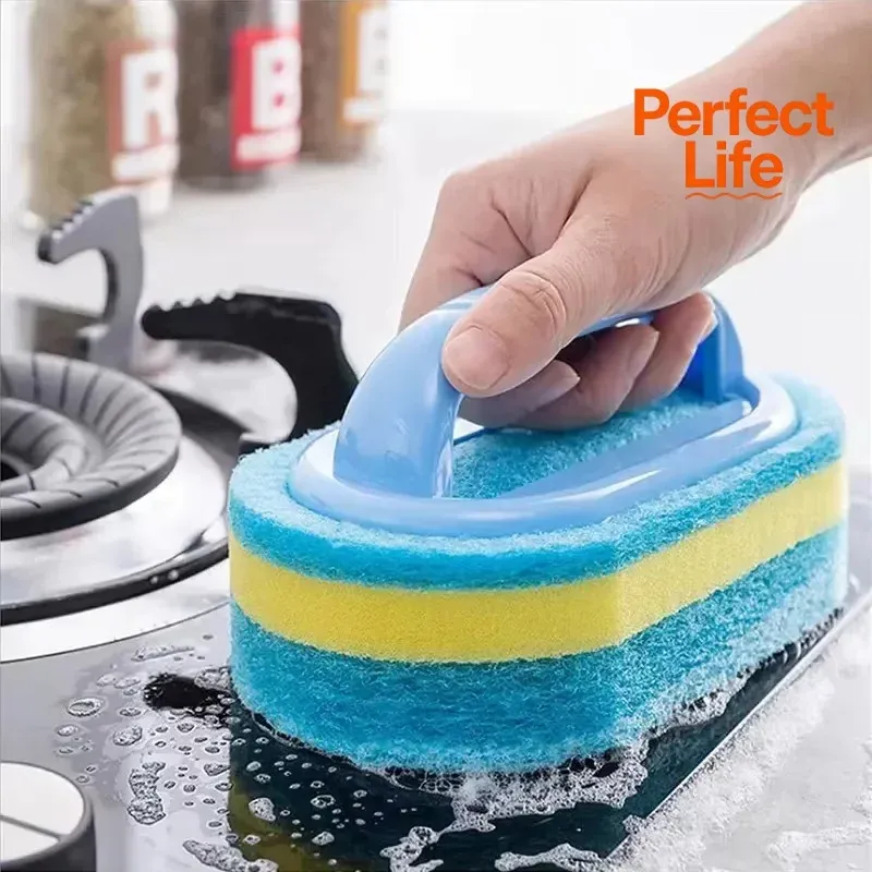 Brosse à récurer de cuisine avec manche pour casseroles, tampon abrasif épais haute densité, brosse de nettoyage pour carrelage et murs en céramique 4
