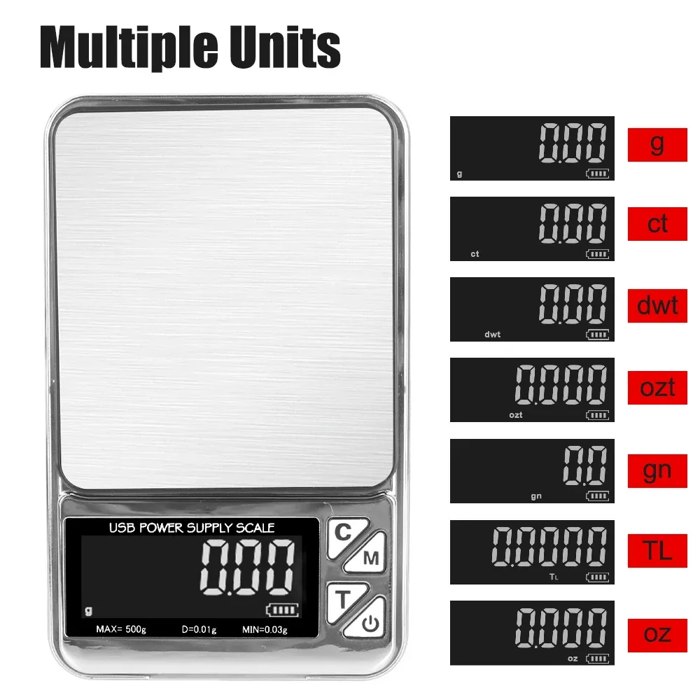 Balance de poche numérique 100 g / 500 g, écran LCD, rechargeable par USB, en acier inoxydable, haute précision 2