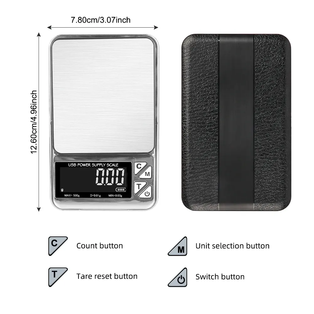 Balance de poche numérique 100 g / 500 g, écran LCD, rechargeable par USB, en acier inoxydable, haute précision 4