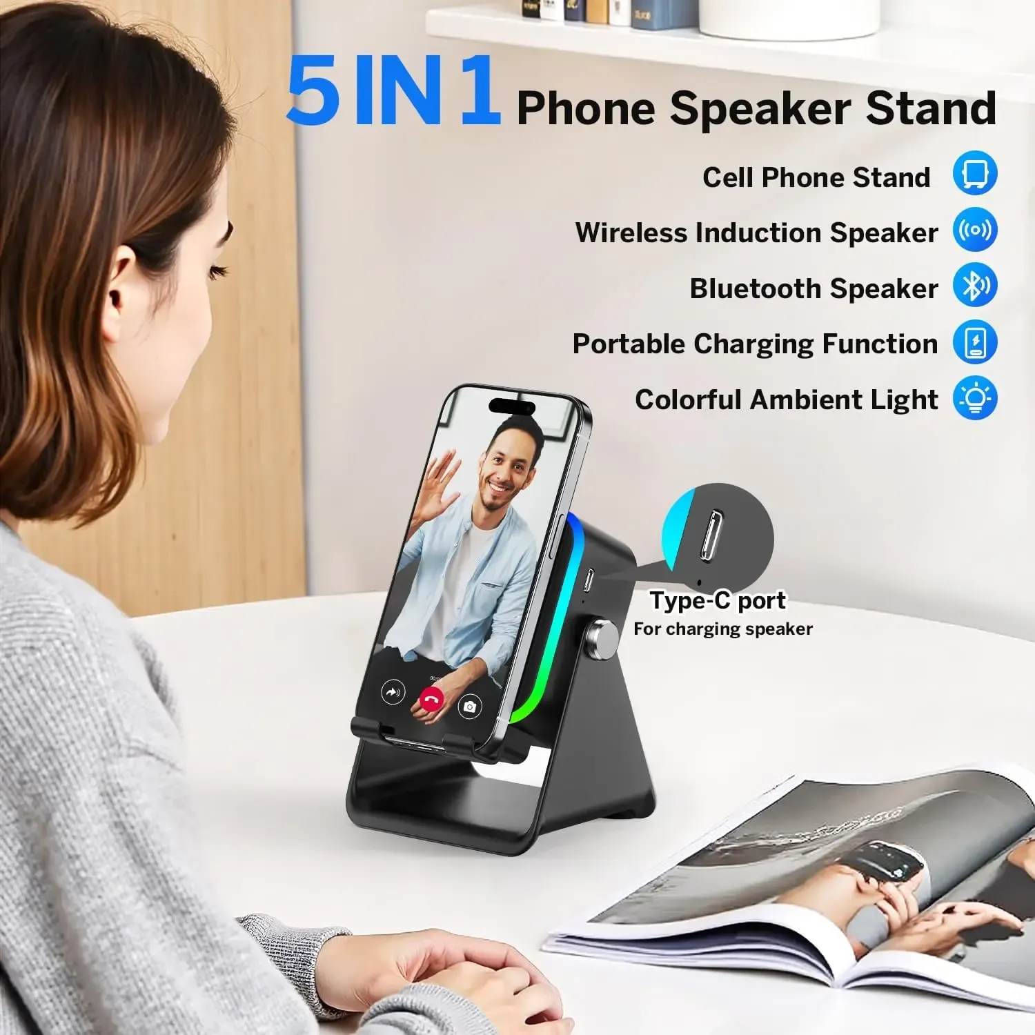 Enceinte Bluetooth portable 5 en 1 avec chargeur à induction automatique, 8 lumières RGB, support téléphone et son surround 3