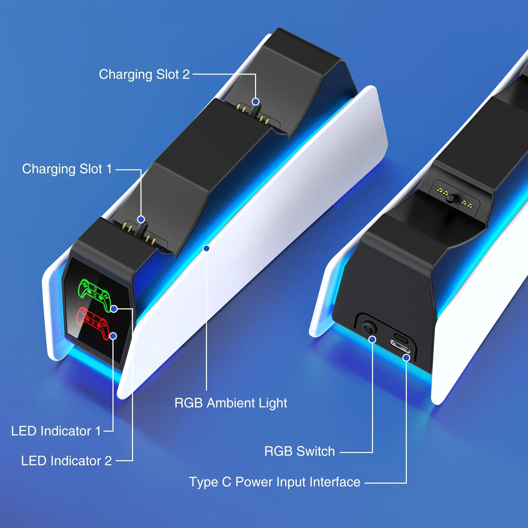 Station de recharge RGB pour manette PS5 avec double chargeur rapide, indicateur lumineux RGB et support de charge 3