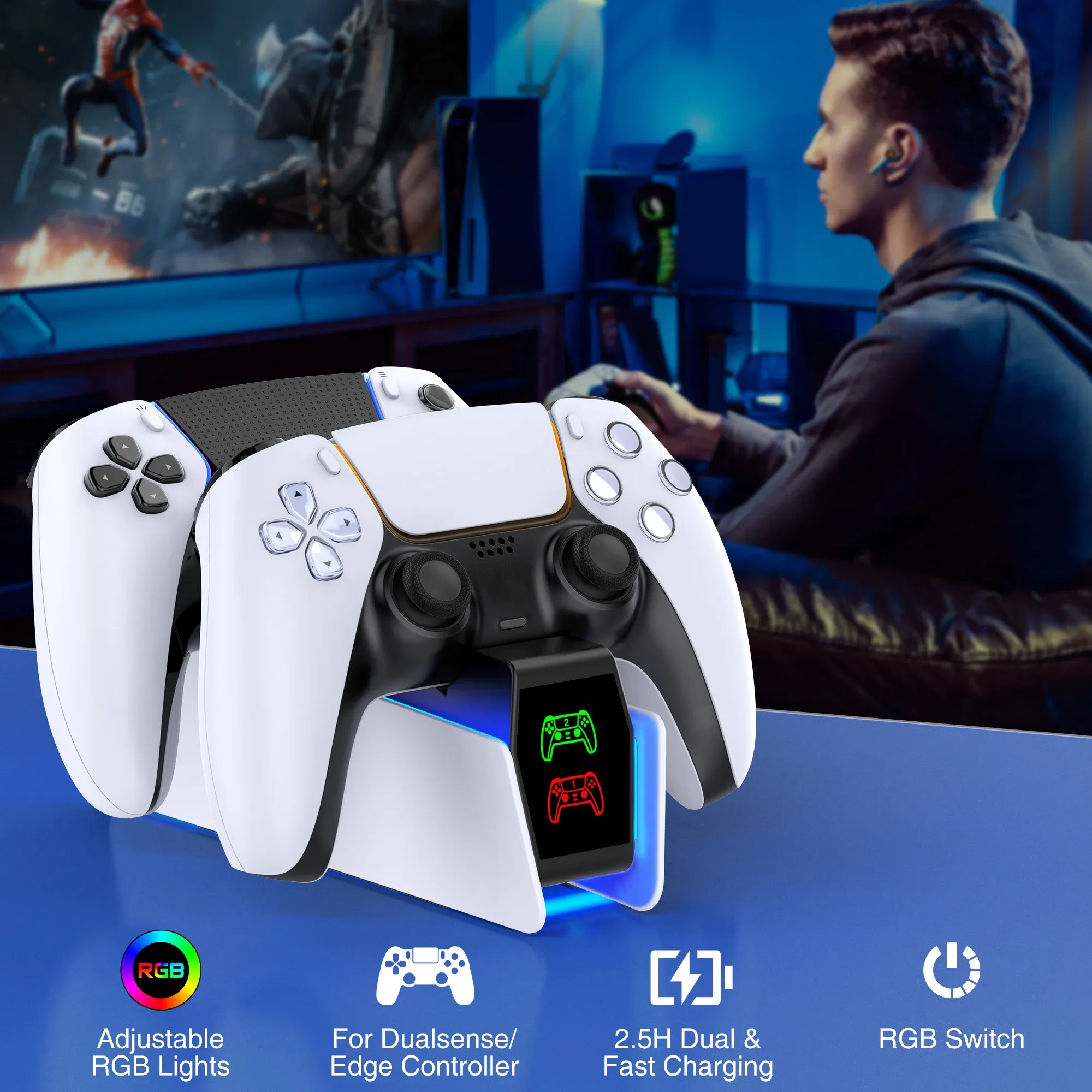 Station de recharge RGB pour manette PS5 avec double chargeur rapide, indicateur lumineux RGB et support de charge 6