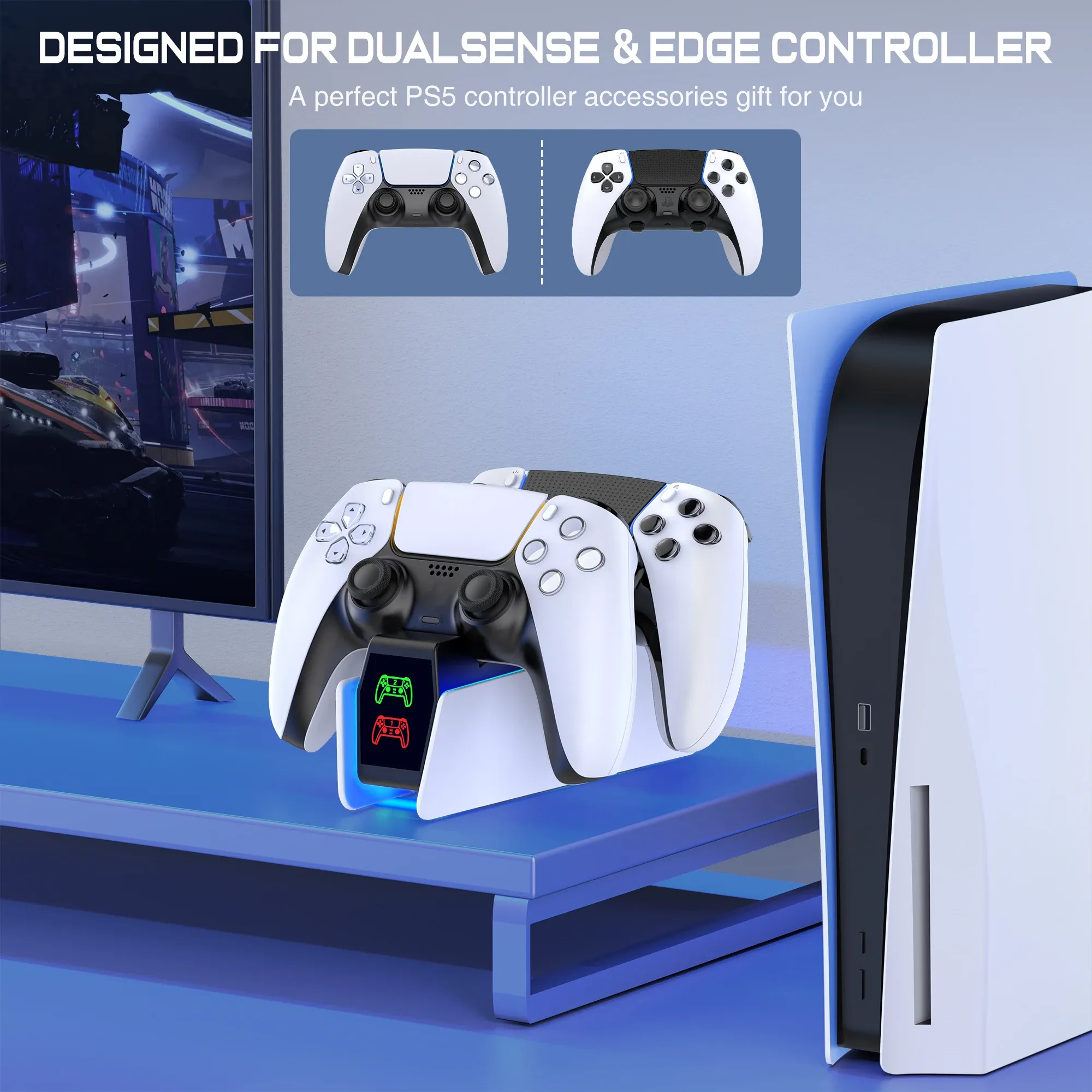 Station de recharge RGB pour manette PS5 avec double chargeur rapide, indicateur lumineux RGB et support de charge 4