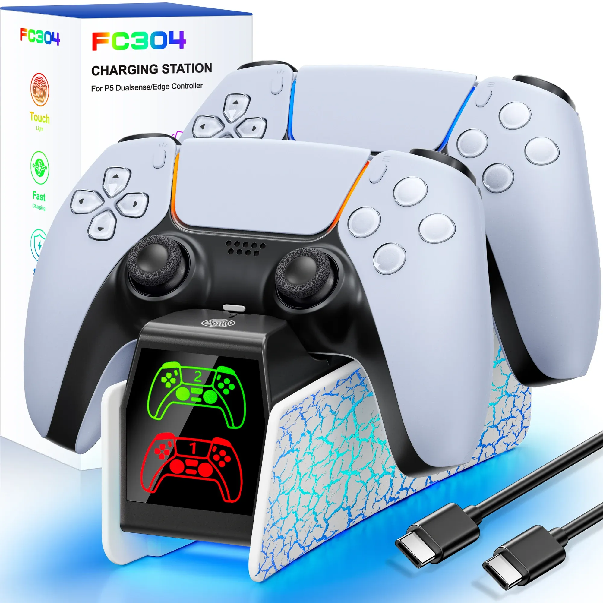 Station de recharge RGB pour manette PS5 avec double chargeur rapide, indicateur lumineux RGB et support de charge 8
