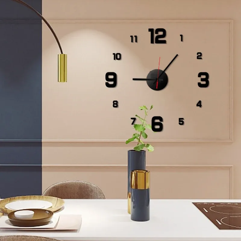 Horloge murale 3D sans cadre noire et argent