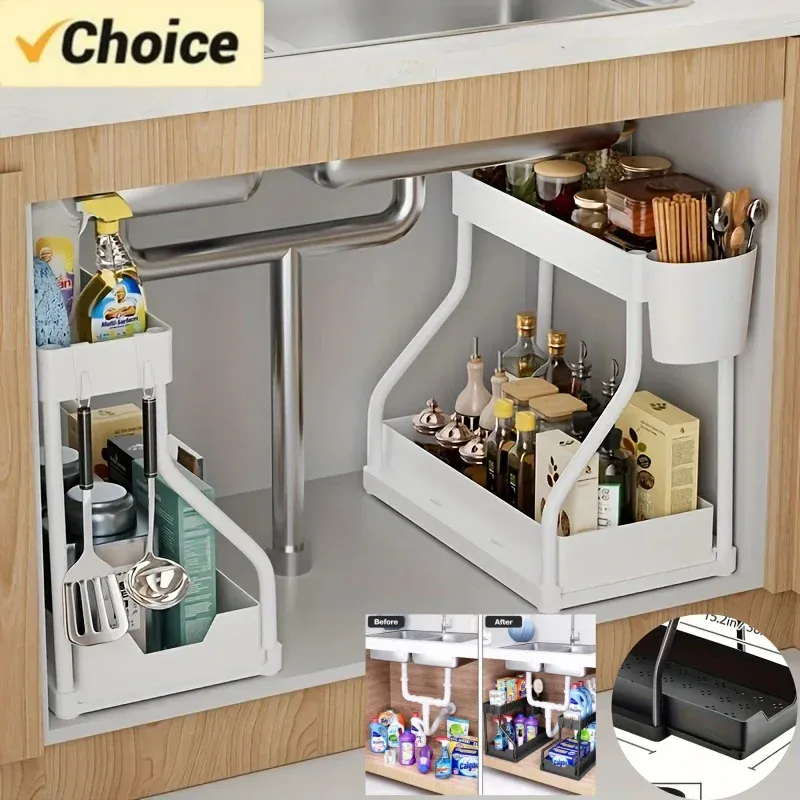 Organisateur sous évier à 2 niveaux, compact et extractible, grande capacité pour cuisine et salle de bains