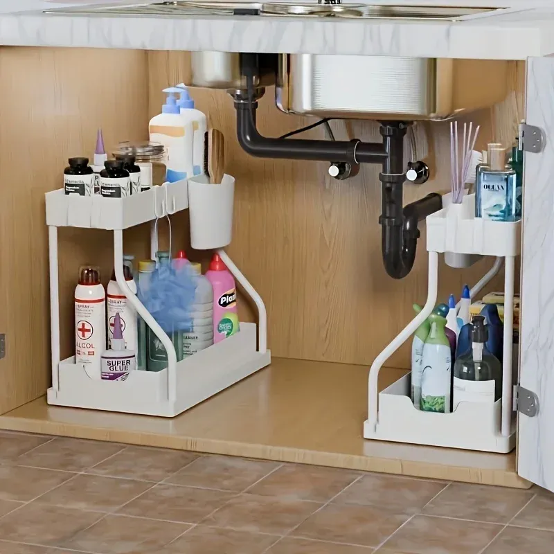 Organisateur sous évier à 2 niveaux, compact et extractible, grande capacité pour cuisine et salle de bains 2