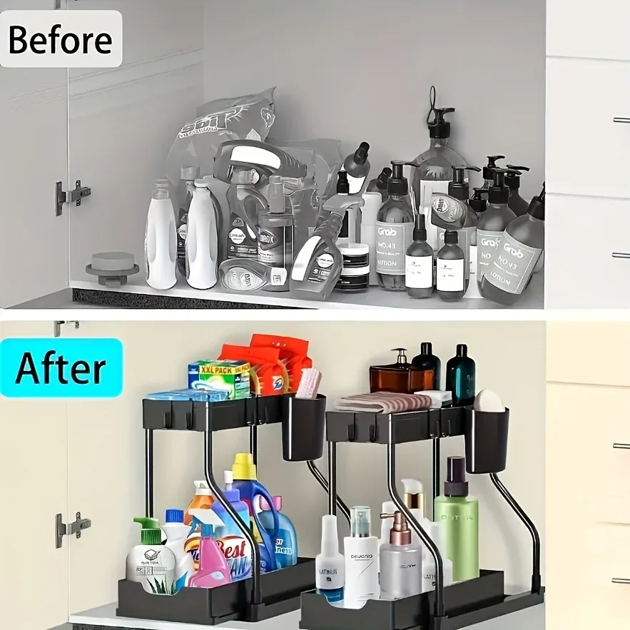 Organisateur sous évier à 2 niveaux, compact et extractible, grande capacité pour cuisine et salle de bains 4