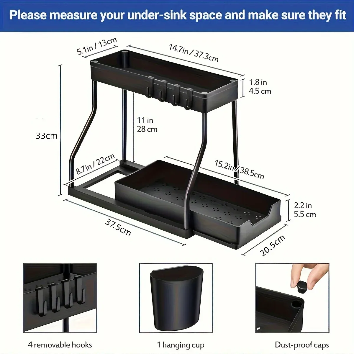 Organisateur sous évier à 2 niveaux, compact et extractible, grande capacité pour cuisine et salle de bains 6