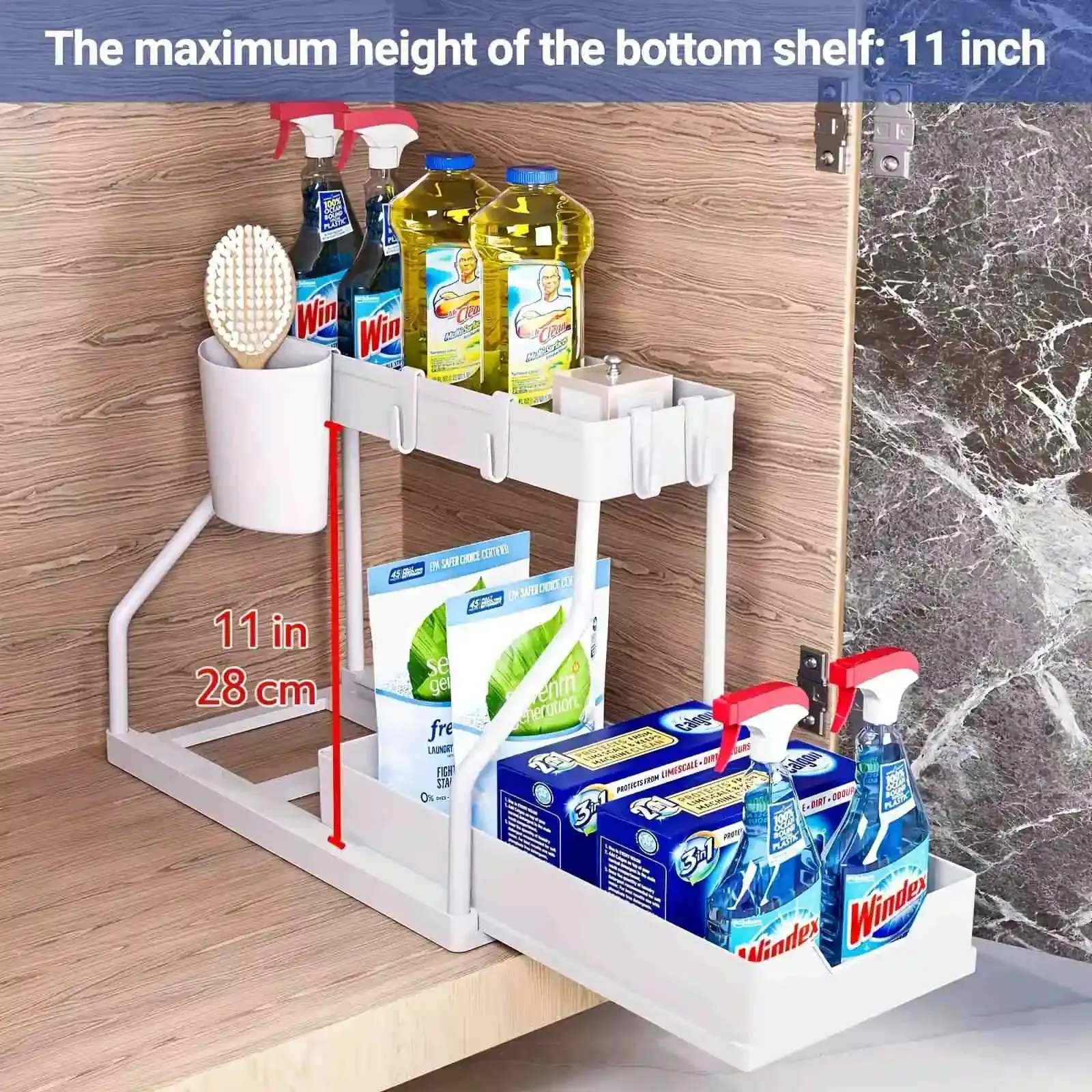 Organisateur sous évier à 2 niveaux, compact et extractible, grande capacité pour cuisine et salle de bains 9