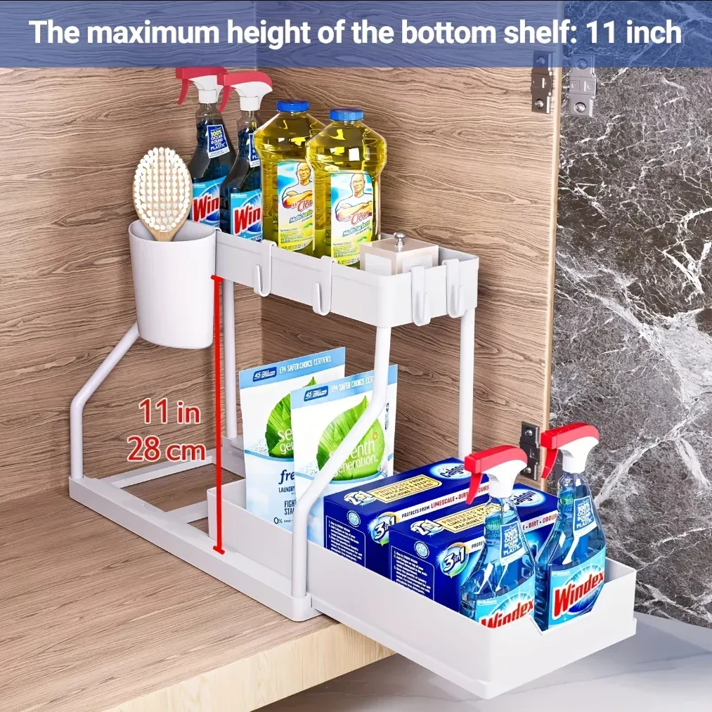 Organisateur sous évier à 2 niveaux, compact et extractible, grande capacité pour cuisine et salle de bains 10