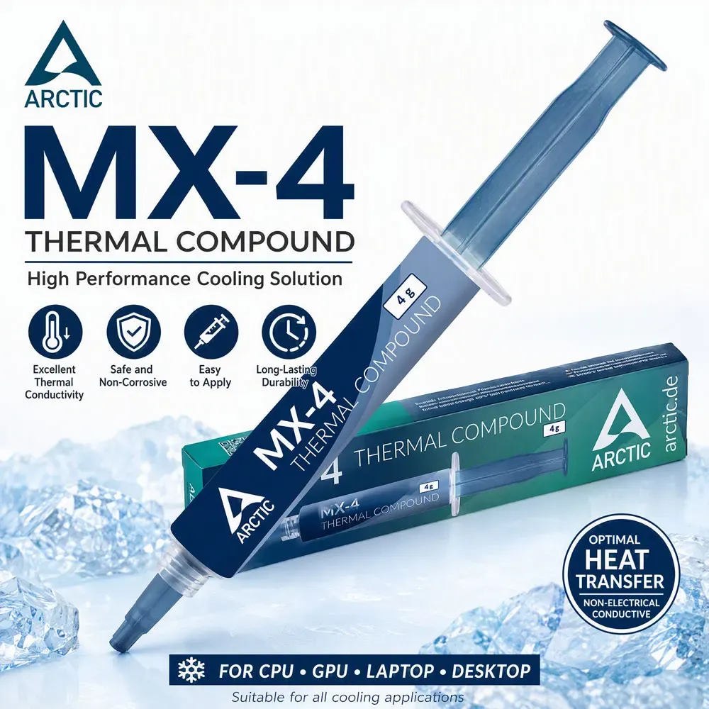 Pâte thermique ARCTIC MX-4 4 g / 8 g pour tous types de processeurs CPU et GPU, longue durée de vie, application sécurisée, performances premium, non conductrice