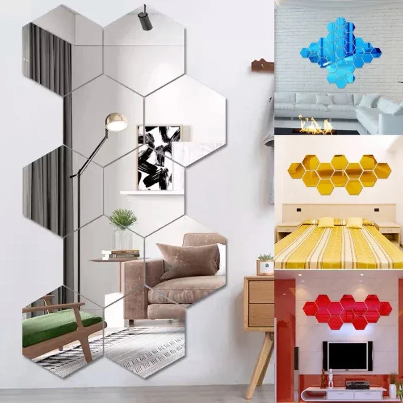 Autocollants muraux miroir hexagonal 3D en acrylique, décoration intérieure auto-adhésive 3