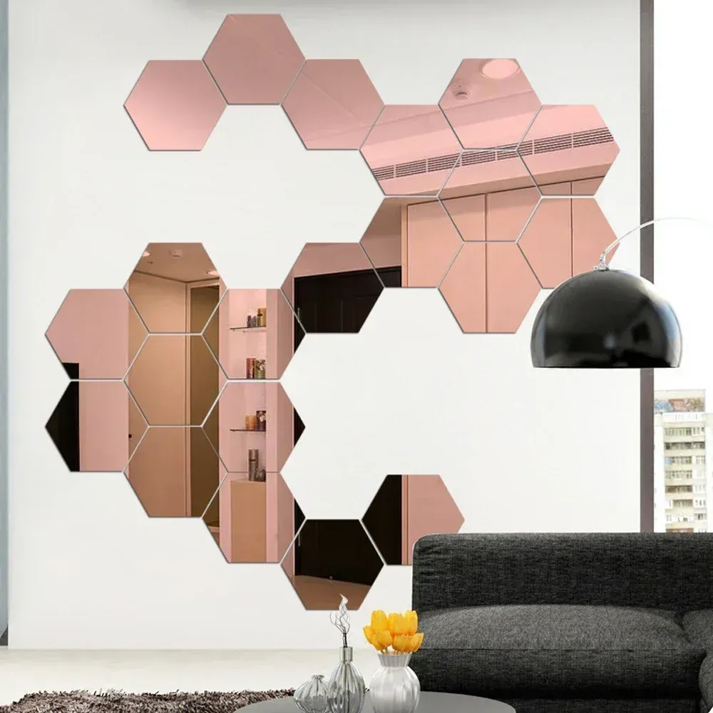 Autocollants muraux miroir hexagonal 3D en acrylique, décoration intérieure auto-adhésive 7