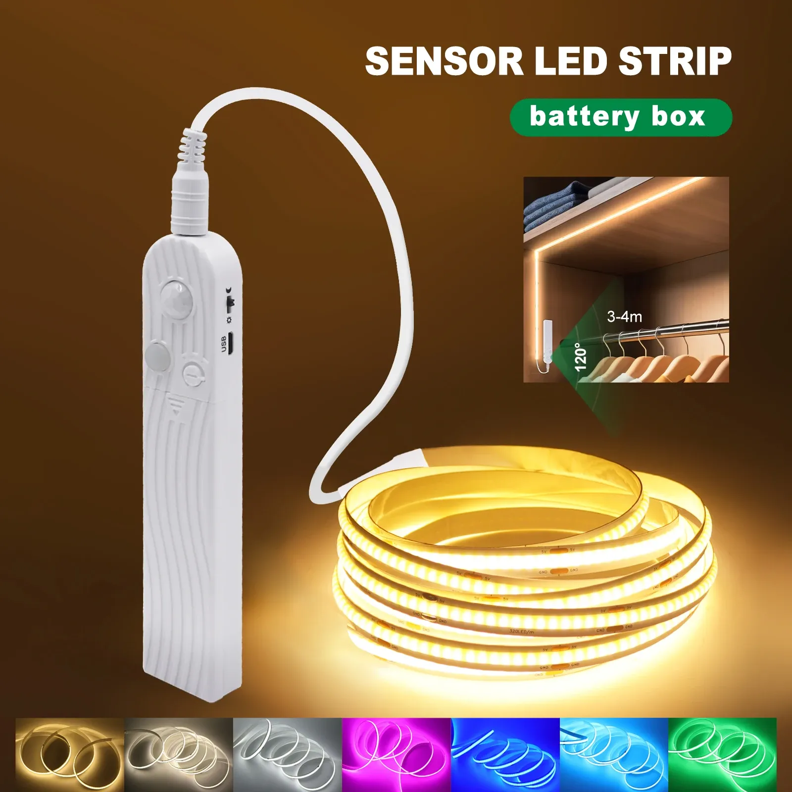 Bande LED COB 8 mm 5 V avec capteur de mouvement, alimentation par batterie, 320 LED/m, veilleuse à détection, blanc chaud, rouge, bleu glacé, vert, jaune