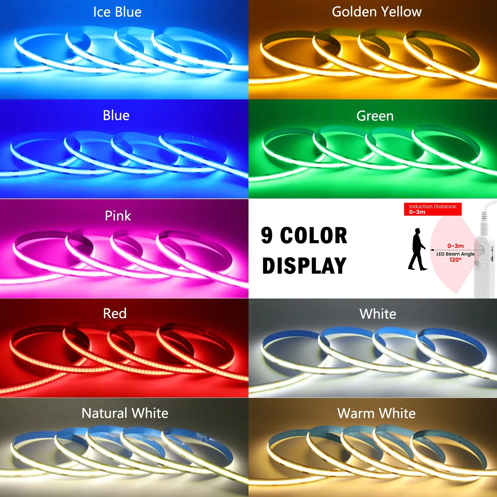 Bande LED COB 8 mm 5 V avec capteur de mouvement, alimentation par batterie, 320 LED/m, veilleuse à détection, blanc chaud, rouge, bleu glacé, vert, jaune 2