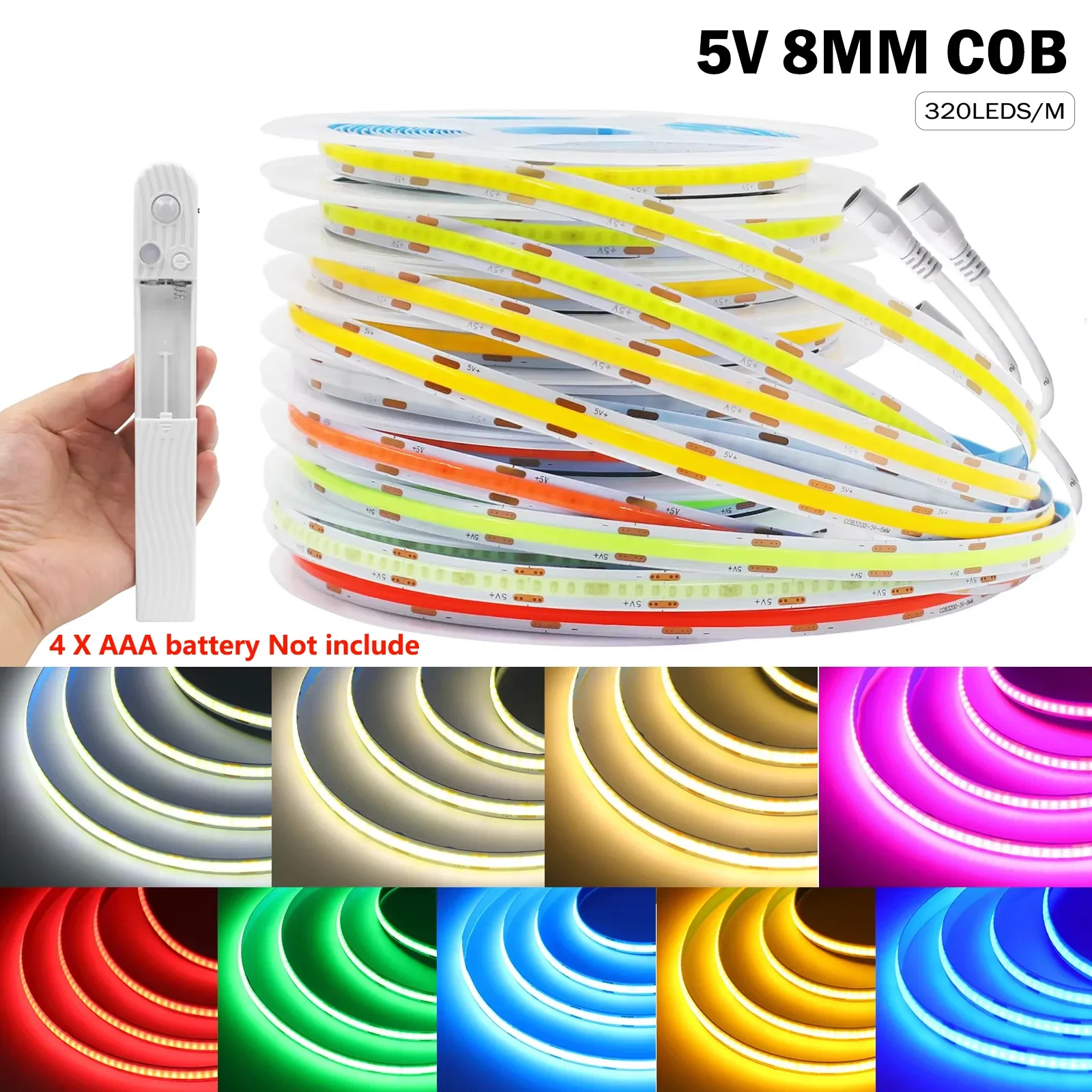 Bande LED COB 8 mm 5 V avec capteur de mouvement, alimentation par batterie, 320 LED/m, veilleuse à détection, blanc chaud, rouge, bleu glacé, vert, jaune 3