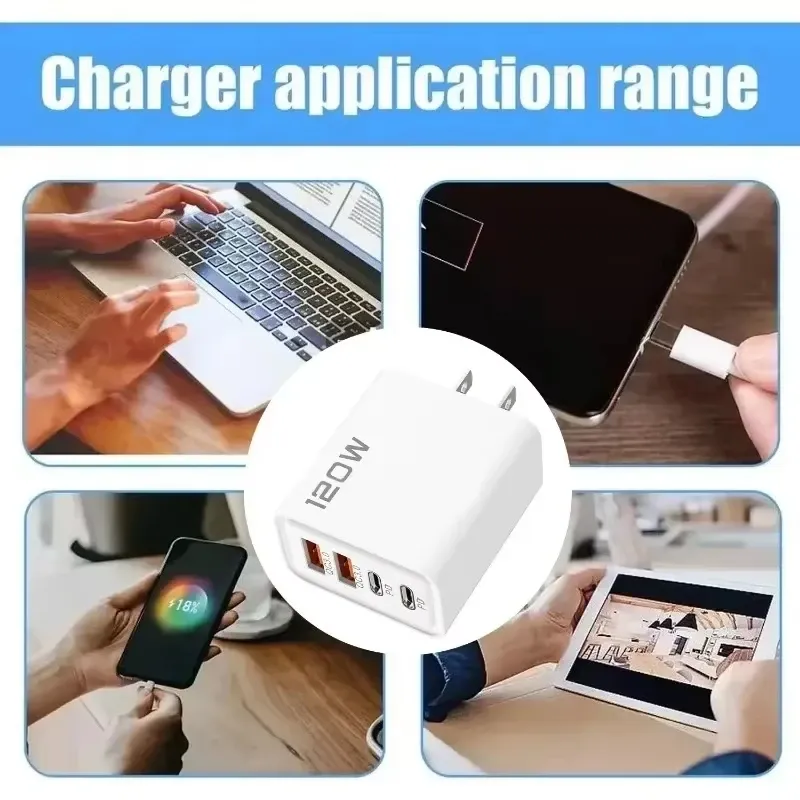Station de charge rapide USB-C 4 ports 120 W, adaptateur mural PD QC 3.0, câble de données pour iPhone, Samsung, Xiaomi, Huawei, prise UE, US, UK, voyage 3