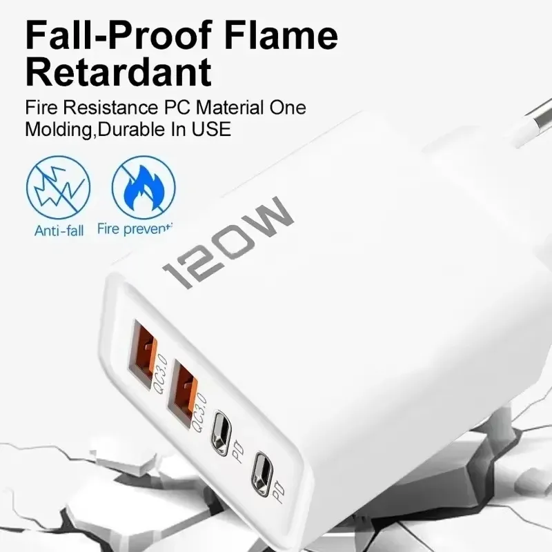 Station de charge rapide USB-C 4 ports 120 W, adaptateur mural PD QC 3.0, câble de données pour iPhone, Samsung, Xiaomi, Huawei, prise UE, US, UK, voyage 4