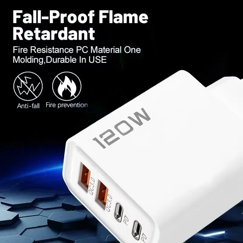 Station de charge rapide USB-C 4 ports 120 W, adaptateur mural PD QC 3.0, câble de données pour iPhone, Samsung, Xiaomi, Huawei, prise UE, US, UK, voyage 5