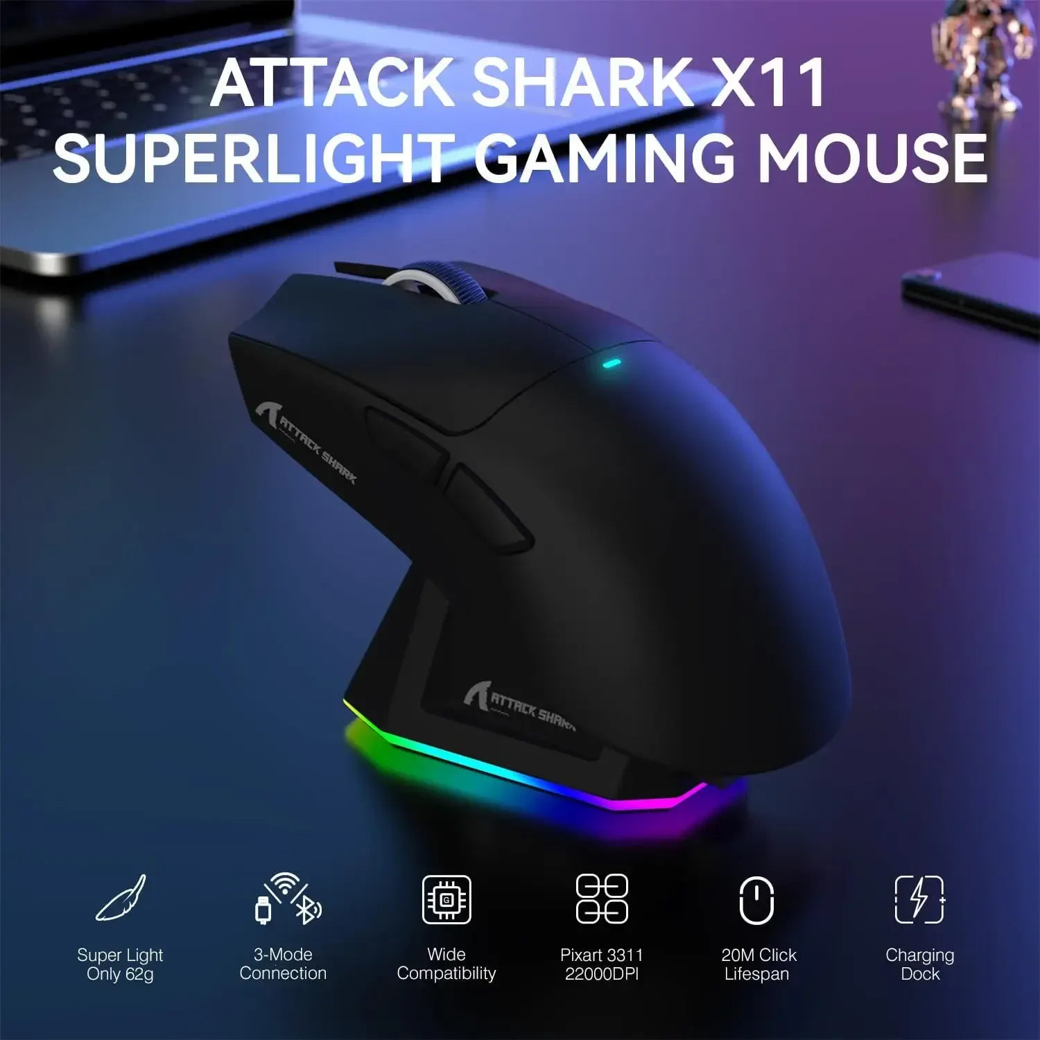 ATTACK SHARK X11 Souris de jeu sans fil légère à trois modes avec station de charge RGB, capteur optique PAW3311 22K DPI, compatible PC/Mac 2
