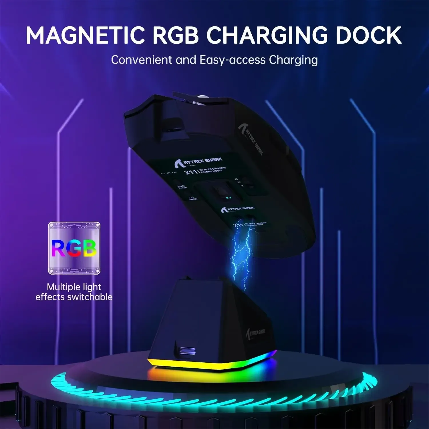 ATTACK SHARK X11 Souris de jeu sans fil légère à trois modes avec station de charge RGB, capteur optique PAW3311 22K DPI, compatible PC/Mac 4