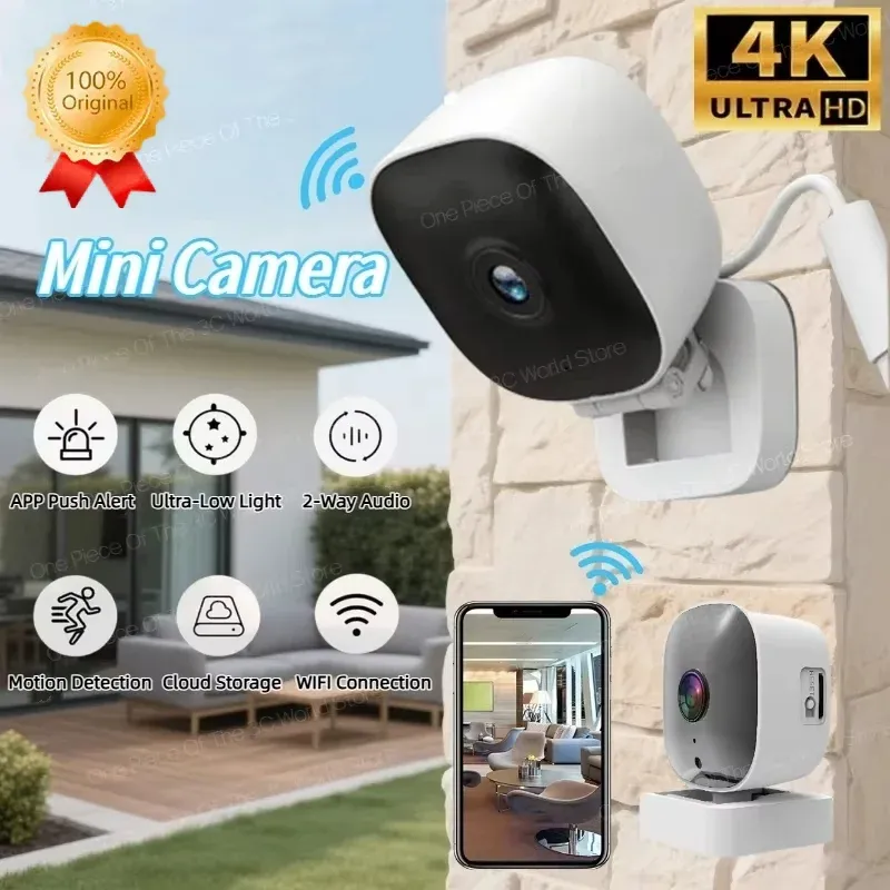 Mini caméra de sécurité intelligente 4K Vision nocturne couleur WiFi IP65 étanche, détection de mouvement, audio bidirectionnel, usage intérieur et extérieur - Image 1