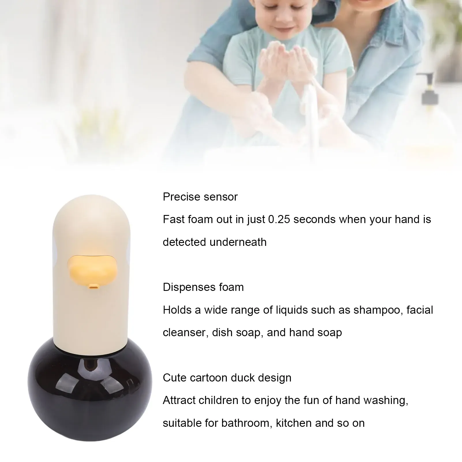 Distributeur de savon moussant automatique sans contact, rechargeable, à capteur, canard de dessin animé pour salle de bain 4