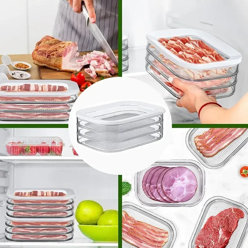 Récipients de stockage empilables pour réfrigérateur avec couvercles transparents, pour viandes, charcuterie, fromages et repas préparés 2