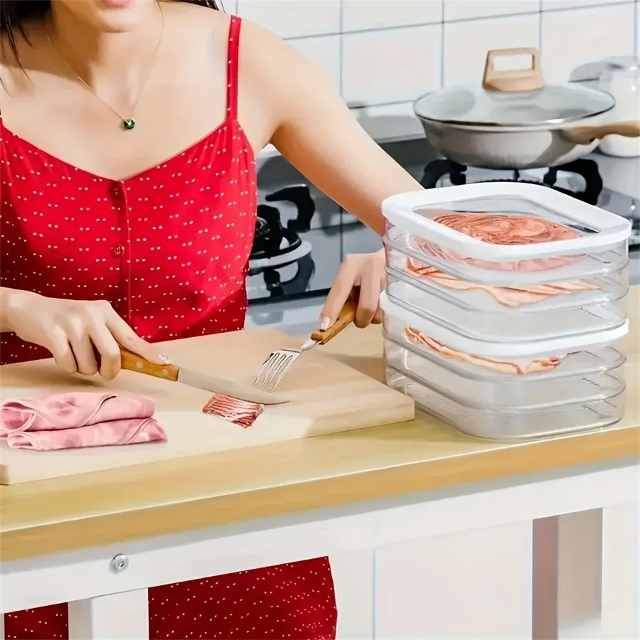 Récipients de stockage empilables pour réfrigérateur avec couvercles transparents, pour viandes, charcuterie, fromages et repas préparés 5