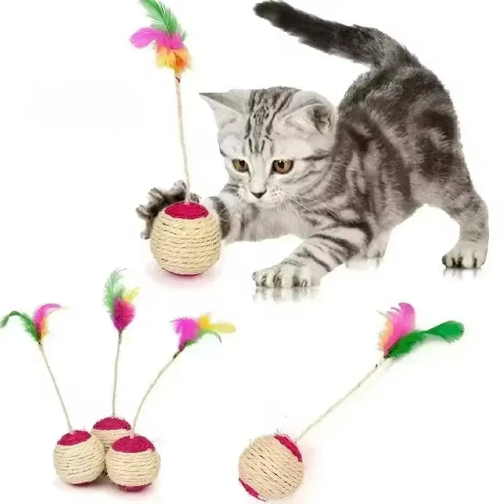 Jouet interactif pour chat à plumes colorées avec balle et griffoir en sisal, 1 pièce - Image 1