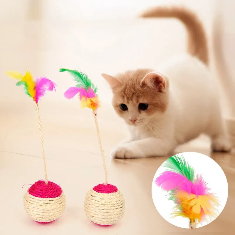 Jouet interactif pour chat à plumes colorées avec balle et griffoir en sisal, 1 pièce 2