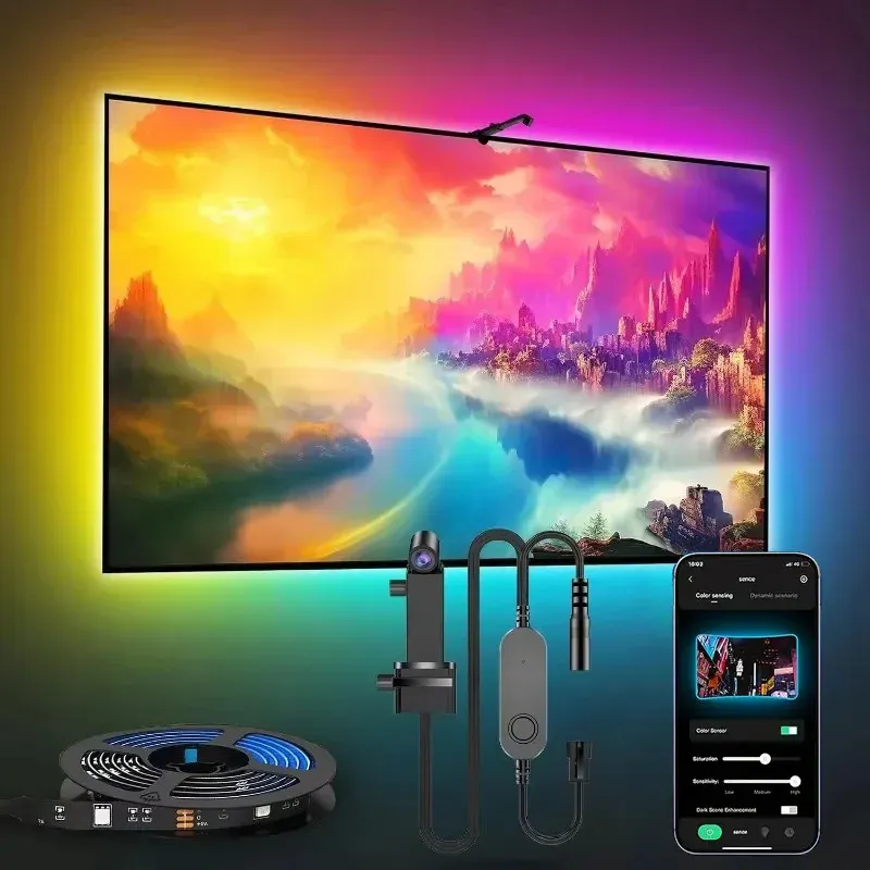 Ruban LED RGBIC de rétroéclairage pour PC et TV avec capteur de couleur, contrôle par application et synchronisation musicale pour une ambiance de jeu