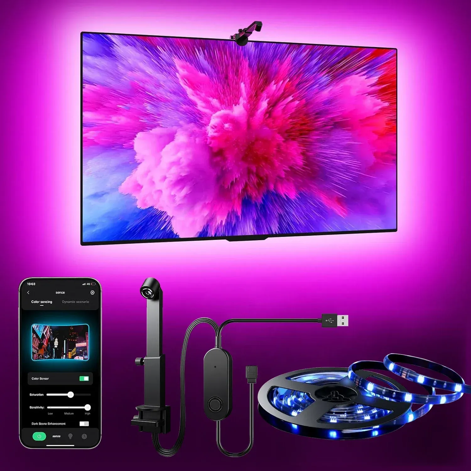 Rétroéclairage LED RGBIC pour téléviseur, vue d'ensemble