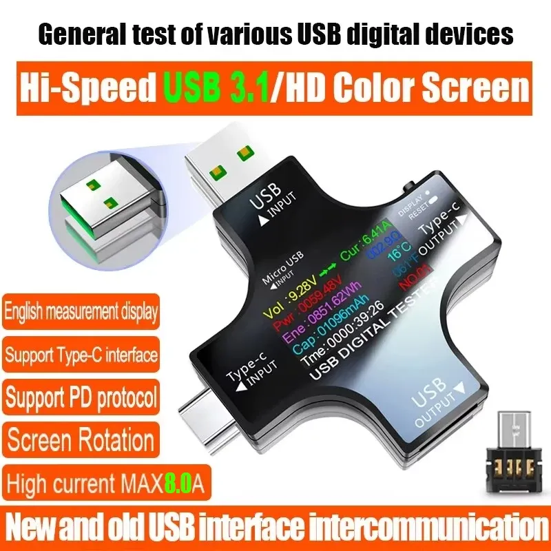 Testeur USB Type-C PD avec voltmètre et ampèremètre numériques, moniteur de tension et de courant, mesure de capacité, 8,0 A