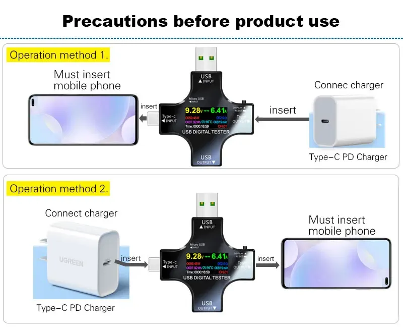 Testeur USB Type-C PD connecté à un chargeur et à un appareil mobile