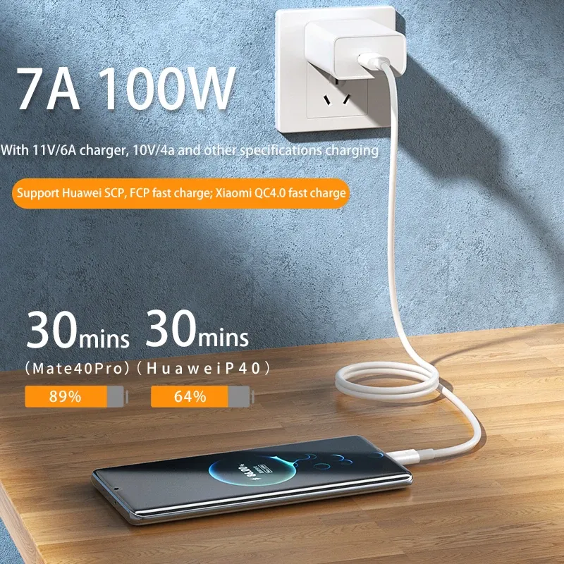 Câble USB vers USB-C 7A 100 W, compatible Samsung, Xiaomi, Redmi, POCO, Huawei, Nova, Honor, OPPO, Realme et Moto, charge ultra-rapide, câble de données USB-C 4