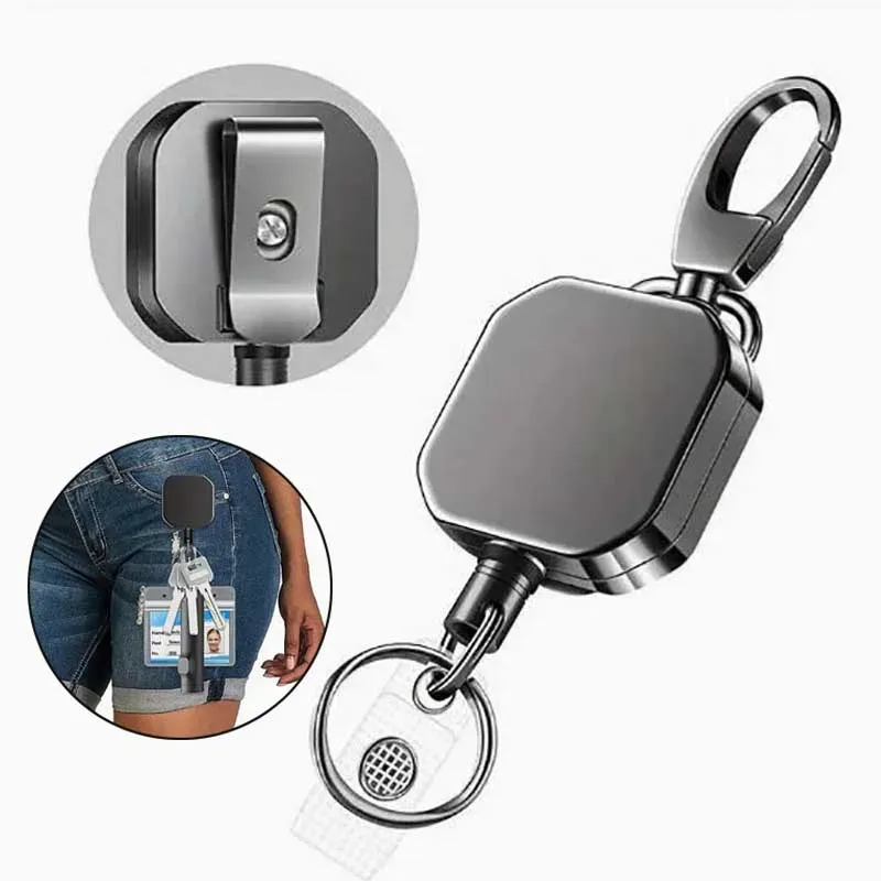 Porte-clés rétractable en fil métallique robuste, bobine porte-badge avec lanière d'identification, étiquette de nom