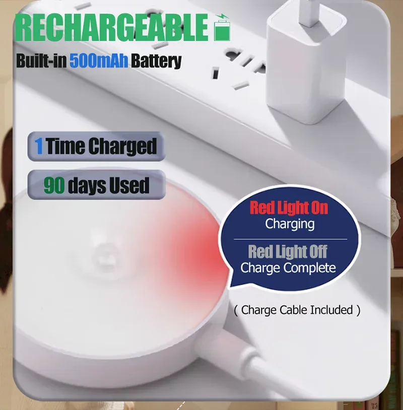 Veilleuse LED rechargeable USB avec capteur de mouvement pour cuisine, chambre, escaliers, couloir et placard 5
